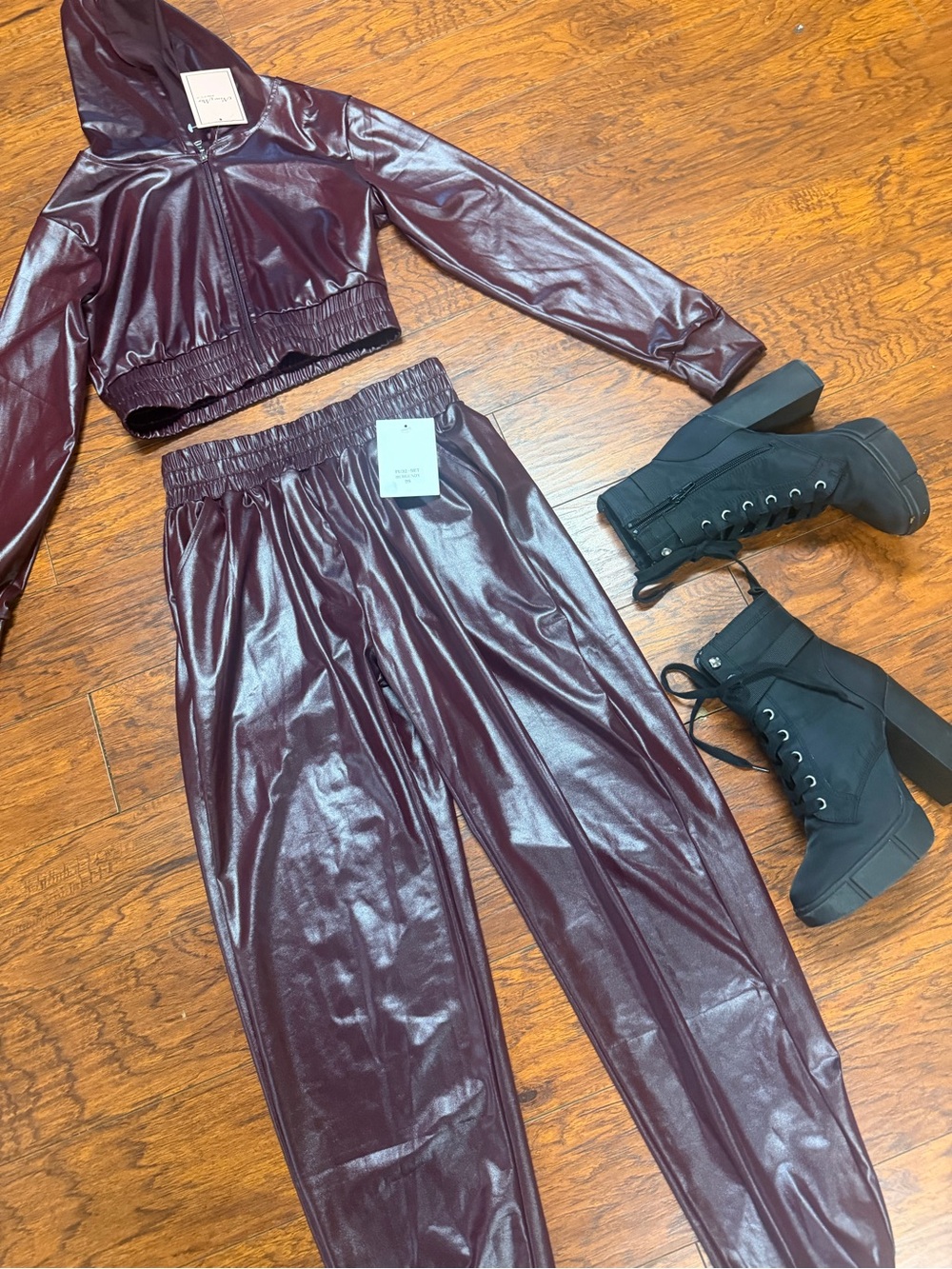 Women’s Faux Leather Jogger Pants - Burgundy 2 piece Set
